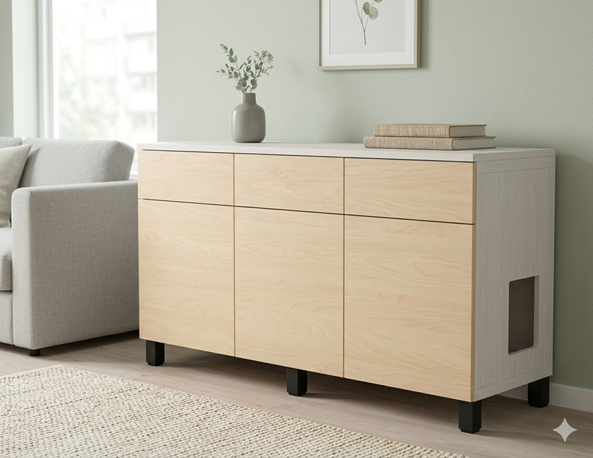 Cat litter enclosure — styled living room render